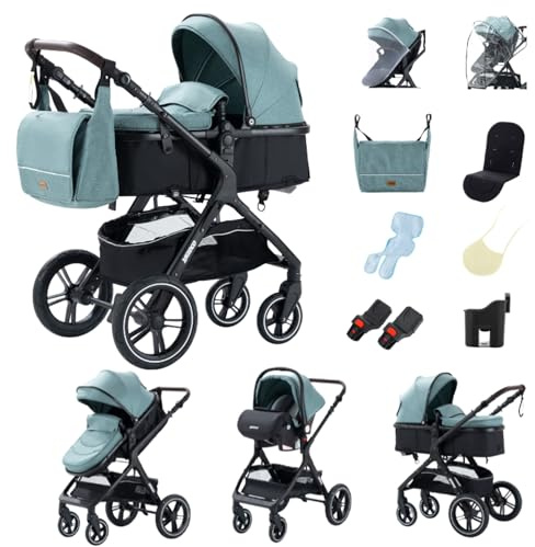 YAZOCO kinderwagen 3 in 1,Kombikinderwagen reisesysteme mit tragbar Moskitonetz Regenschutz Fußsack, Zusammenklappen, Liegeposition Hohe Landschaft (1 grün)