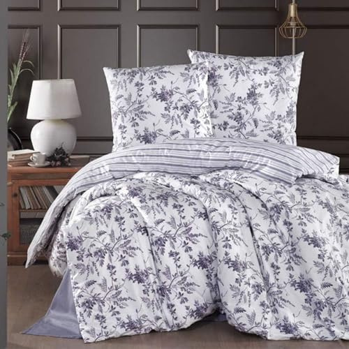 ZIRVEHOME Bettwäsche-Set 200x200 cm. dreiteilig, Weiß Baumwolle Bettbezug Lila geblümt, Montera V2