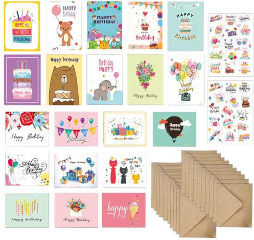 TenMerSly 20 Designs Geburtstagskarten set mit Umschlägen & Aufkleber, 4 X 6'' Blanko-Innenkarten, Premium Grusskarte Happy Birthday Karten Geburtstagskarte Grusskarte für Familie, Freunde