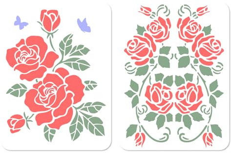 GORGECRAFT 20 * 30cm 2 Pezzi Stencil Rosa Plastica Pittura Floreale Grandi Fiori Stencil Riutilizzabili Modelli Disegno per Artigianato Fai da Te Pittura Legno Parete Tela Carta Decorazioni