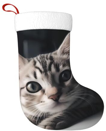 cfpolar Süße Katze auf Bett, Weihnachtsstrümpfe, 45 cm, Weihnachtsbaum-Hängestrumpf, Weihnachtsdekoration, Ornamente, Strümpfe, klassischer Geschenkhalter für Urlaub, Famliy Home Party Saison Dekor