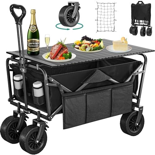 YITAHOME Carrito de Playa con Grandes Ruedas Universales, Carretilla Plegable con Mesa y 2 Portavasos Gran Capacidad 220 lbs, Altura del Mango Ajustable, Carro Camping para Jardín/Playa/Picnic (Negro)