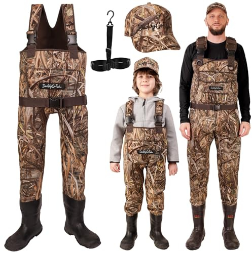 Neopren Kinder Wathose wasserdicht - Wathose für Kinder, Damen & Herren | Neopren Wathose Damen & Herren, Jugend Jungen & Mädchen - Antirutsch-Einlegesohle, Handwärmertasche & Anglermütze inklusive