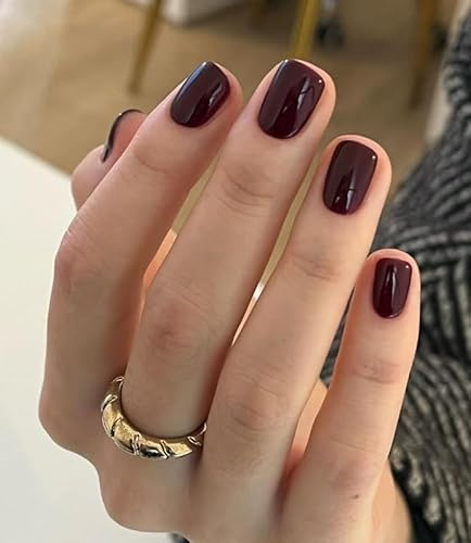MouyouGlow Press on Nails Kurz,Squoval Dunkel Rot Einfarbige Glossy Fake Nails Kunstnägel mit Nagelkleber,Dark Red Künstliche Fingernägel …
