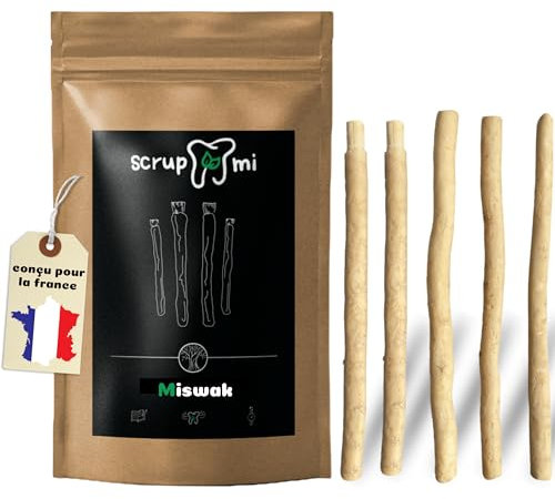Scrupmi® Spazzolino da denti Miswak/Siwak, 5 bastoncini, qualità superiore, 100% naturale, 0% plastica, tradizionale arabo, riutilizzabile