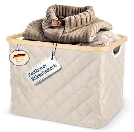 NEU LACAZO faltbarer Wäschekorb – 55 L – robuste, platzsparende Wäschebox – atmungsaktiver Stoff – standfester Bambusrahmen – Beige, Schwarz – nur 715 Gramm – Tragegriffe