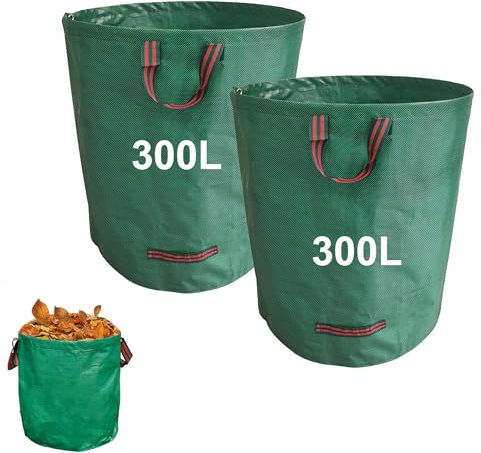 Hmfmdy Garden Waste Bags, 2-Pack Heavy Duty Reusable Garden Sacks with Handles, Green Sacks, Gardens Dustbin Bags Roll, Hippo Bag for Collecting Gardens Waste/grass/Leaves-300L