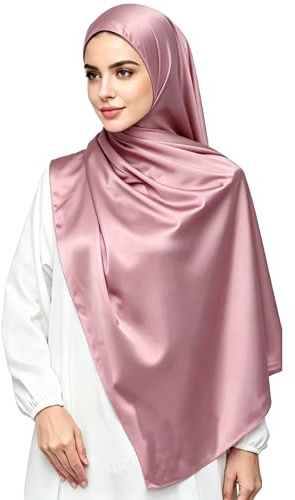 Lina & Lily Lyxig satäng hijab huvudscarf sjal för muslimska kvinnor extra lång, Dammig ros, en storlek