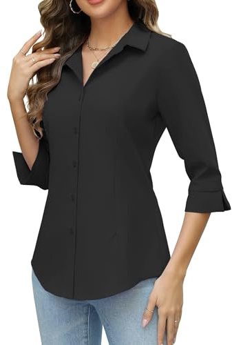 HOTOUCH Womens Black Button Down Shirt 3/4 Sleeve Work Dress Shirt Ladies Slim Fitting V Neck Tops and Blouses L