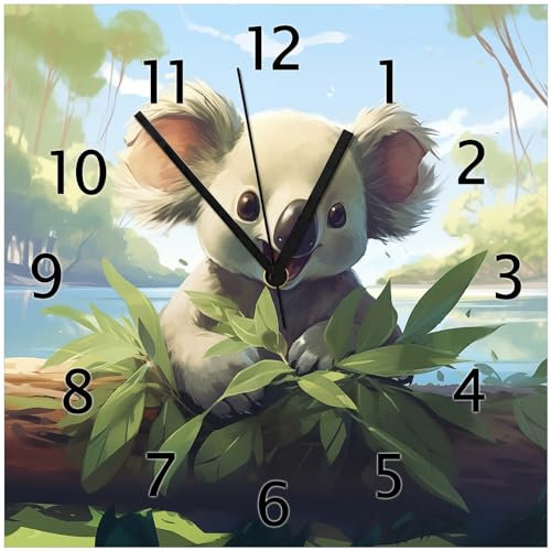 Wallario Design-Wanduhr Australische Idylle: Der lächelnde Koala aus Glas, Motiv-Uhr Größe 30 x 30 cm, Schwarze Zeiger