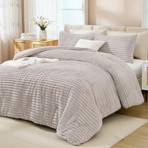 Andency Fleece Queen Comforter Set, 3 Pieces Linen Grey Comforter Set for Queen Size Bed, Soft Warm Fluffy Fuzzy Linen Gray Bedding Set for Winter (1 Comforter & 2 Pillowcases)