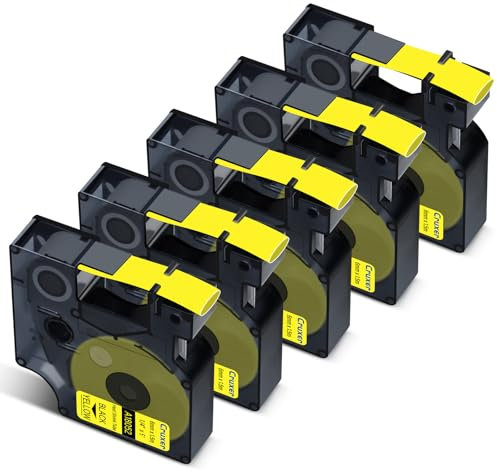 Cruxer Confezione da 5 pezzi compatibili con Dymo Rhino A18052 S0718270 tubo termoretraibile industriale, nero su giallo, 6 mm x 1,5 m, ricambio per Dymo LabelWriter e Rhino 1000 3000 4200 5000 5200