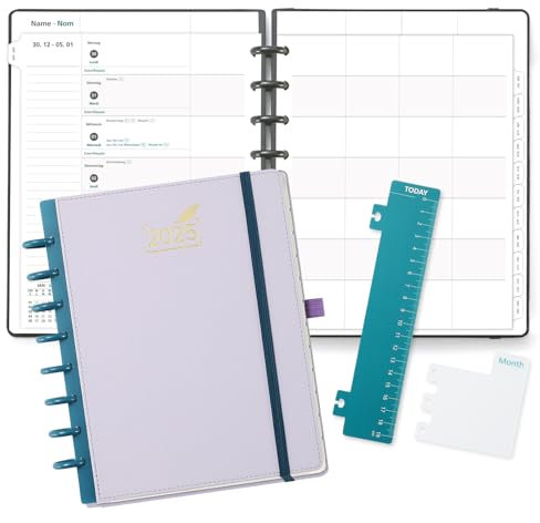 BEZEND Agenda Familial 2025 Semainier 6 Colonnes 24 x19 cm - Organiseur Famille 2025 Spirale pour 6 Personnes avec Onglet Mensuel, Disc-Bound Couverture Rigide en Cuir PU - Lilas