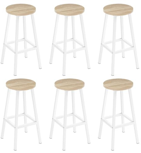 Klihome Barhocker 6er Set, Barstühle mit Metallgestell, Bar Hocker rund, Küchenstühle mit Fußstütze, Tresenhocker 150 kg belastbar, für Bar Kücheninsel Esszimmer, Helle Eiche, K0008BH-6