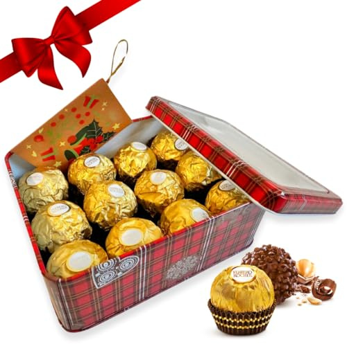 Regalo di Natale 2024 - Scatola in Latta con Coperchio Finestrato + 200 g Cioccolatini Rocher Ripieni + Biglietto Natalizio (Mini, Rocher - Cioccolati Nocciola)