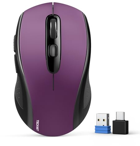 TECKNET Bluetooth Maus, 2.4G Maus Kabellos (BT 5.0/3.0 + USB A + USB C) 4000 DPI Tragbare Ergonomische Mouse, 6 Stufen DPI Funkmaus für Laptops, Mac OS, Android, Windows, Lila