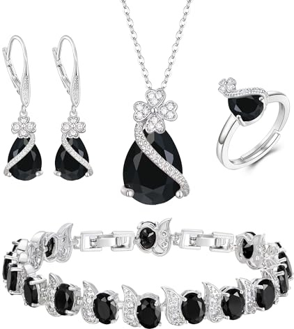 EVER FAITH 4 Stk Klee-Schmuck-Set Birne geformt Cubic Zirkonia Halskette Ohrringe Tennis Armband Ring-Sets formale Schmuck Geschenk für Damen