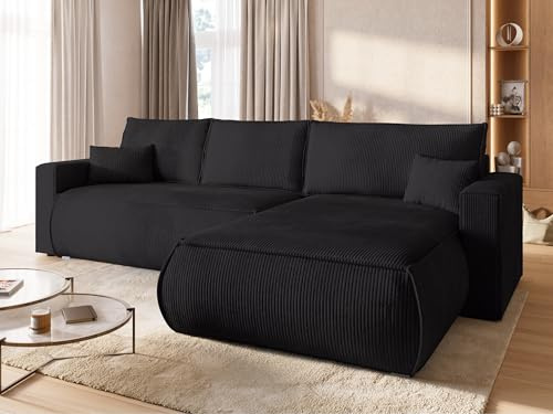 BROMARKT Ecksofa mit Schlaffunktion Couch L Form 270x173x80 cm Schwarz | Sofa mit Bettkasten Wohnlandschaft Schlafsofa freistehend HAVANA Schlafcouch mit Stauraum Cord 3 sitzer Sofabed Eckcouch