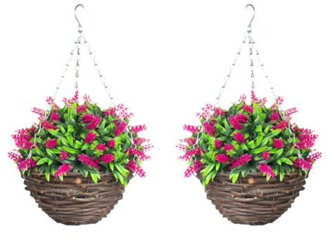 Pair Of Best Artificial 10 inch Lavender Hanging Baskets - Suitable for Outdoor Use - Weather Resistant (Pink)