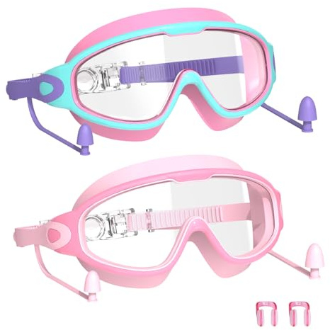 YLKJSWIM Swim Goggles for kids 3-15 with Earplugs Large Frame Anti-Fog/UV No Leaking Pool Water Swimming Goggles for Boys Girls Youth Toddler (2pcs)