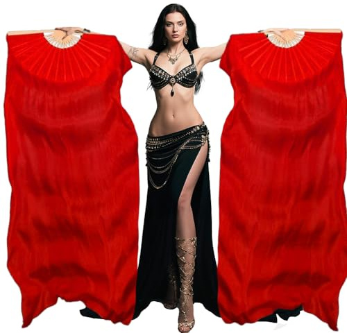Belly Dance Fans 1.8m (L+R) Artificial Silk Hand Fans with Bamboo Frame, Foldable Fans for Dance Beginner & Dance Accessories(Red)