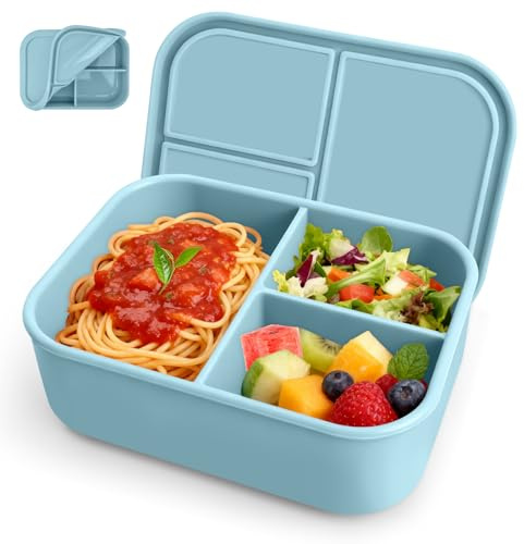 Homiflex Lunchbox Silikon Bento Box 1250ml, Brotdose Erwachsene mit Fächern, BPA Frei, Bruchfest und Auslaufsichere Bento Box für Schule,Büro, Arbeit, Picknick, Blau