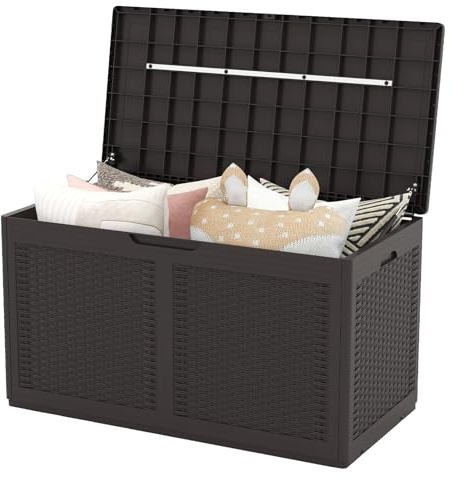 COSTWAY Baule da Esterno 380 L, Cassapanca Contenitore Impermeabile in Effetto Rattan con Coperchio Bloccabile e Ruote, Baule Salvaspazio per Mantenere Cuscini e Attrezzi (Marrone)