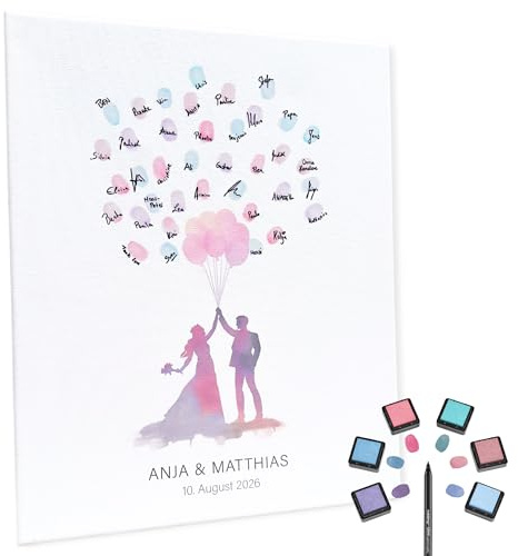 KATINGA Personalisierte Leinwand zur Hochzeit - Bild für Fingerabdrücke mit Brautpaar in Aquarell - Gästebuch als Geschenkidee (30x40cm personalisierbar)