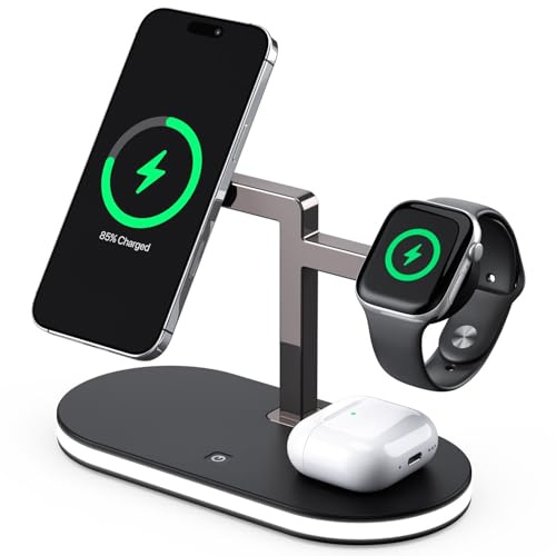 UEQ 4 in 1 Wireless Charging Station for Apple MagSafe Charger,Fast Charging Magnetic Wireless Charger Stand with Night Light for iPhone 17 Air 16 15 14 13 12 Series,for Apple Watch and Earphone-Black