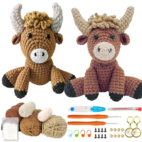 Wholesoukyii Häkelset Tiere, Hochlandrind Häckel Kit für Anfänger, mit Häkelnadel, Schere und Garn usw, Vollständig Ausgestattet, für Strickbegeisterte Oder Anfänger