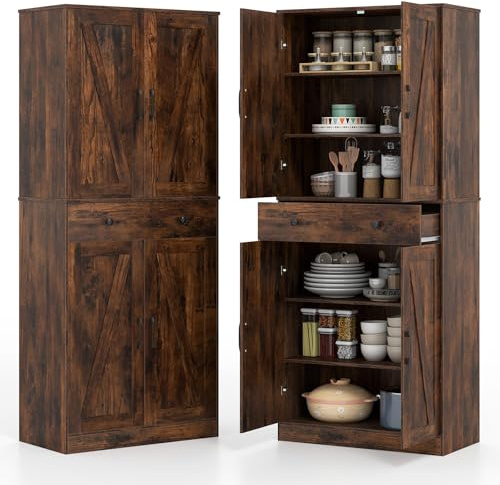 TANGZON 183cm Tall Kitchen Cupboard, 6-Tier Storage Cabinet with Adjustable Shelves, Drawer, 4 Doors & Anti-tipping Device, Wooden Tall Sideboard Unit for Pantry Dining Living Room (Rustic Brown)