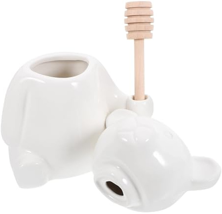 DEARMAMY Honey Pot and Empty Honey Jar 14.8X11.8X8.5Cm Ceramic Bear Shaped Storage Container with Wooden Dipper Wear Resistant Cartoon Stylish Kitchen Use