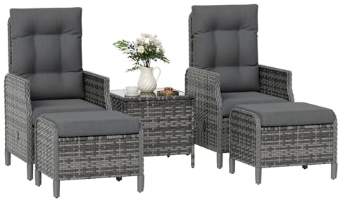 UDPATIO Rattan Gartenmöbel Set 5-teilig mit Verstellbaren Sessel, Fußhocker und Couchtisch, Lounge Möbel Outdoor Set, Balkonmöbel Kleiner Balkon, Wetterfest Terrassenmöbel, Dunkelgrau