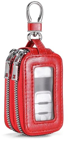 Helilyco Funda para llaves de coche con ventana transparente, doble cremallera, de piel, protector para llaves de coche