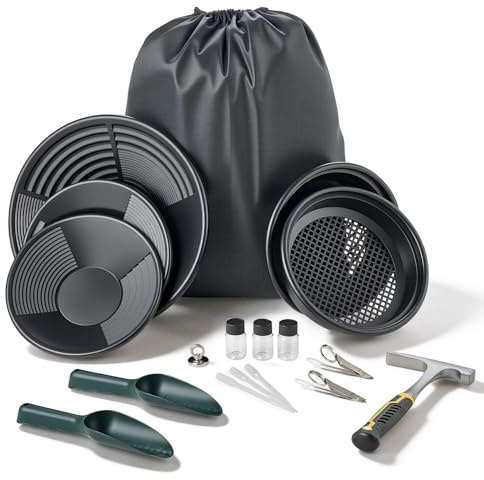 VEVOR Gold Panning Kit, 10 in and 14 in Pans, 19 PCS Portable Prospecting Equipment Kit with Classifier Sieves, Sand Magnet, Rock Pick, Scoops, Backpack, and Accessories, for Outdoor Gold Recovery