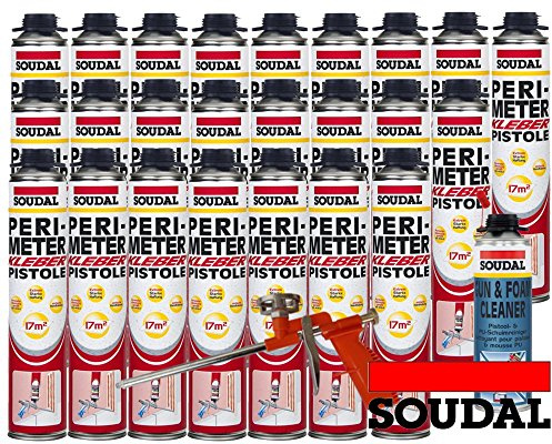 Soudal Kombi Set 24 x Perimeterkleber 750ml Dose + 1 x Soudal PU- Reiniger 500ml Dose + Schaumpistole Compact