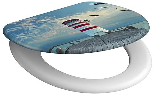 SCHÜTTE WC-Sitz Duroplast LIGHTHOUSE, Toilettensitz mit Absenkautomatik, passend für alle handelsüblichen WC-Becken, maximale Belastung der Klobrille 150 kg, Motiv Leuchtturm 82149