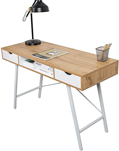 soges Schreibtisch mit Regal Schubladen aus Holz und Stahlgestell Moderner Tisch Arbeitstisch Arbeitszimmertisch mit 2 Schubladen und offenen Stauraum für Aufbewahrung, 120 × 48 cm