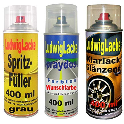 LudwigLacke Wunschfarben 1x Autolack 1x Klarlack 1x Grundierung je 400ml für Ihr Fahrzeug