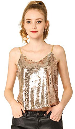 Allegra K Damen Festliches Oberteil Glitzer Top Spaghetti Party Club Camisole Pailletten Shirt Gold L