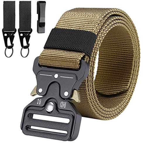 LC-dolida Mens Tactical Belt, Military style safety belts, Heavy Duty Nylon Canvas Waist Belt with 2 Hooks and Quick Release Buckle for Outdoor Sports Camping Hunting-Khaki