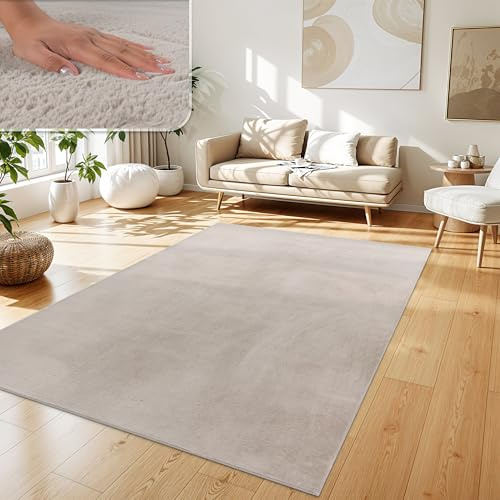 Paco Home Teppich Wohnzimmer Kunstfell weich waschbar modern elegant pflegeleicht Felloptik Uni Seidenglanz flauschig Hochflor, Grösse:120x160 cm, Farbe:Beige
