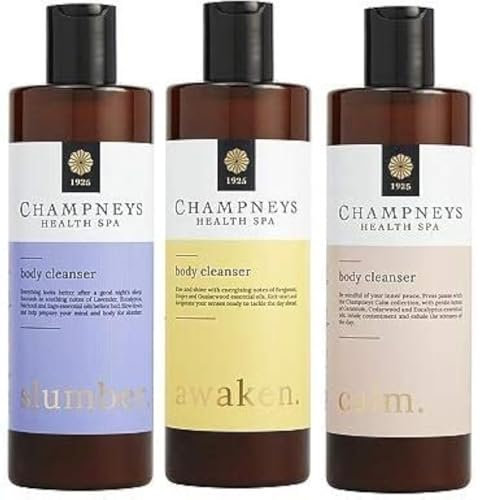 (Pack of 3) Champneys Awaken, Slumber & Calm Body Cleanser x 350ml Bergamont, Lavender, Patchouli, Cedarwood, Geranium essential oil notes