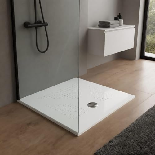 Kiamami Valentina Piatto Doccia Quadrato 80x80 Cm Slim Ceramica Bianco | Altezza 3 cm, superficie antiscivolo, scarico 90 mm, installazione filo pavimento, serie Delfino
