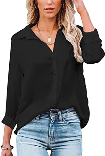 Baynetin Camicia Donna Manica Lunga/Corte Blusa con Scollo a V Bottoni Elegante Casual Curvy da Lavoro Facile Ferro Stiro Business Tops Shirt (Nero, L)