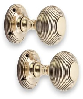 Infinity Decor Aged Brass Victorian Reeded Beehive Mortice Round Door Knobs Set 55mm - Solid Brass Pull Handles Pair for Interior & Exterior Use