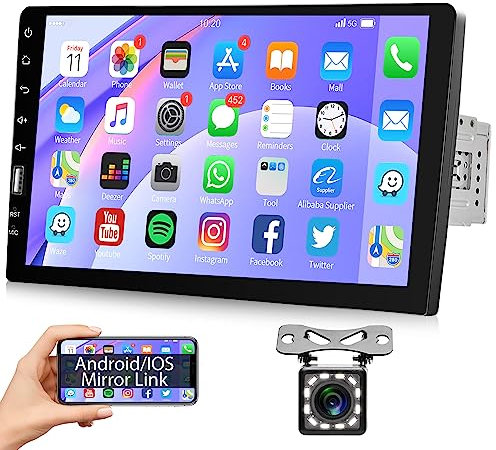 Autoradio 1 Din mit Bluetooth Freisprecheinrichtung IOS/Android Mirror Link 9 Zoll Touchscreen Autoradio mit Bluetooth FM Radio USB/AUX/TF/EQ/7 Farben Licht Lenkradsteuerung + Rückfahrkamera Mikrofon
