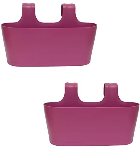 Engelland 2 x Blumenkasten zum Auf-Hängen, Farbe: Lila, Blumentopf, oval, Balkon, Übertopf, Pflanzkasten, mit Wasserspeicher/Wasserauffangschale