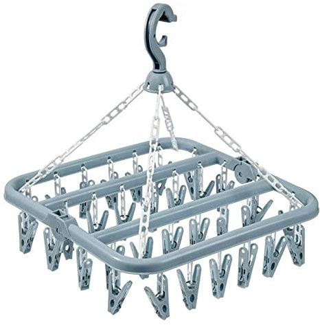 hautllaif Clothes Drying Hanger with 32 Clips, Foldable Design Multi-Functional Sock Dryer and Rotary Wind-sock hanger for washing line, Ideal Hanger for Socks, Underwear, Bras, Baby Clothes (Blue)