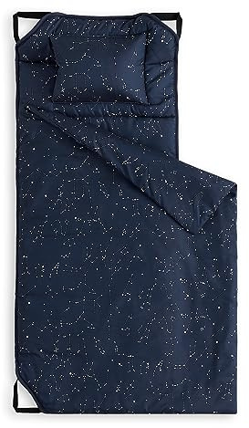 Wake In Cloud - Cot Nap Mat with Pillow and Blanket, for Toddler Kids Boys Girls in Daycare Kindergarten Preschool Pre K with Elastic Corner Straps, Spaces Stars Planet Galaxy, Navy Blue